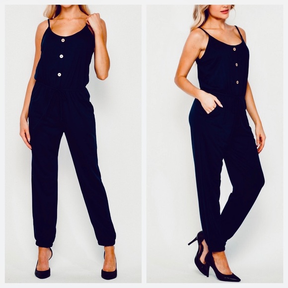 #09 Chic Black Button front pockets joggers jumpsuit - Picture 4 of 7